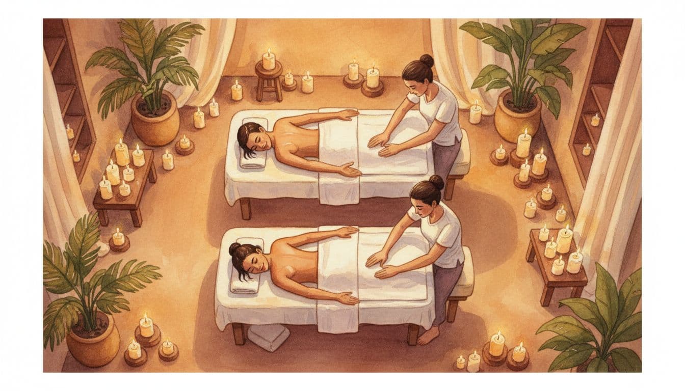 Overhead watercolor view of a couple relaxing during a side-by-side massage in a candlelit spa room, with two therapists gently working on them.