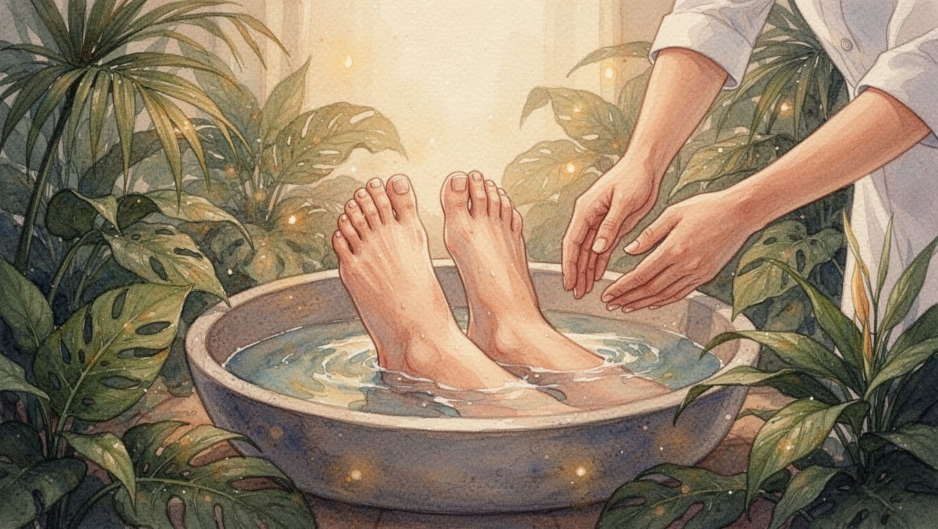 Cozy foot massage setup with client's feet in a basin and therapist's hands nearby, surrounded by tropical plants under warm ambient light, in watercolor style with soft blending.