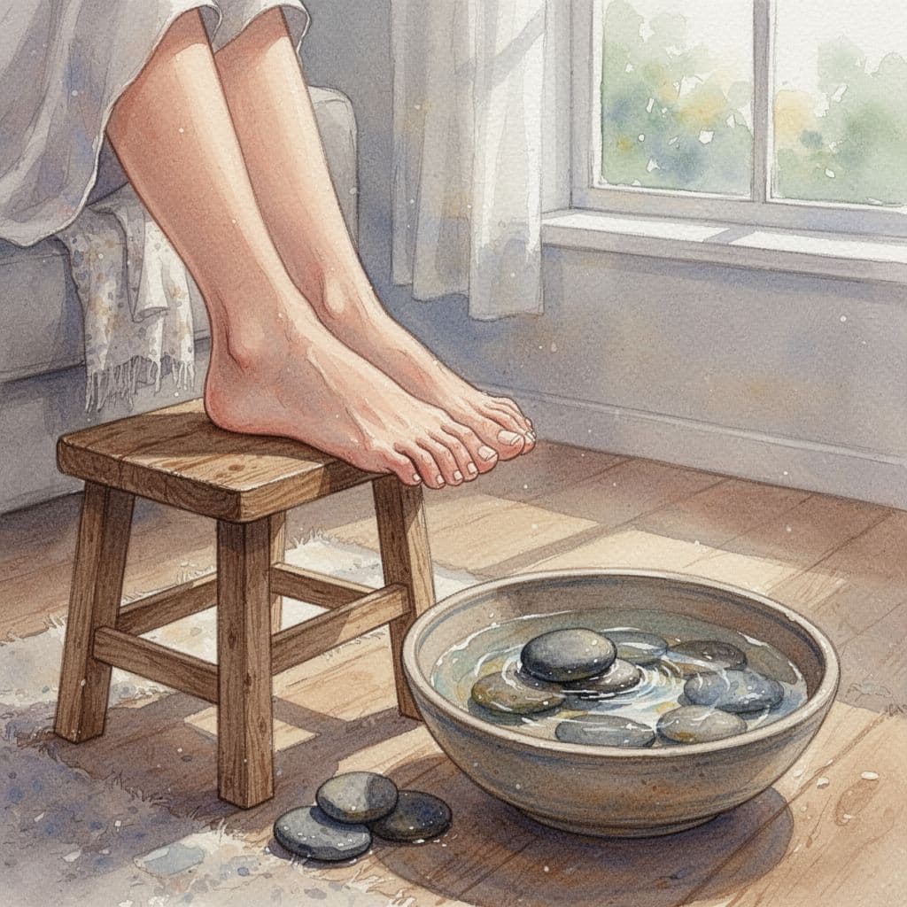 Pair of feet on stool beside basin of warm water and stones in relaxing home, watercolor style.