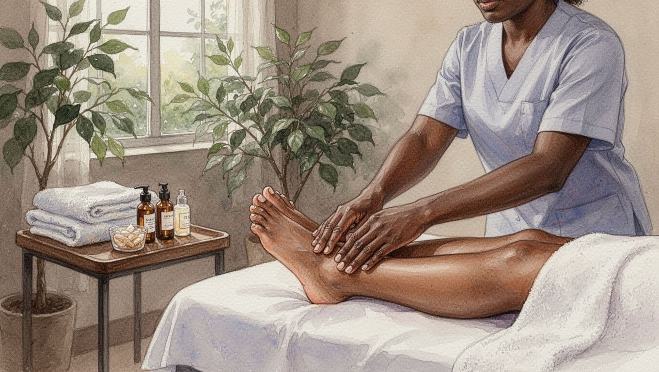 Watercolor-style depiction of a cozy spa interior in Kilimani, Nairobi, with a client receiving a foot massage, towels and oils on a side table, and soft light filtering through plants.