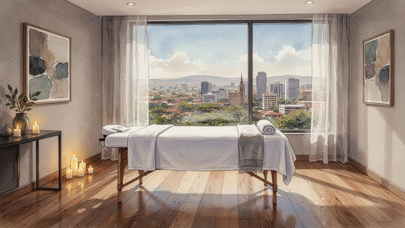 Cozy massage room in Kilimani Nairobi spa with modern tranquil setting, city view through window, prepared treatment table, and candles in watercolor style with soft blending and brush texture. Inviting professional vibe, no people, text, or logos.