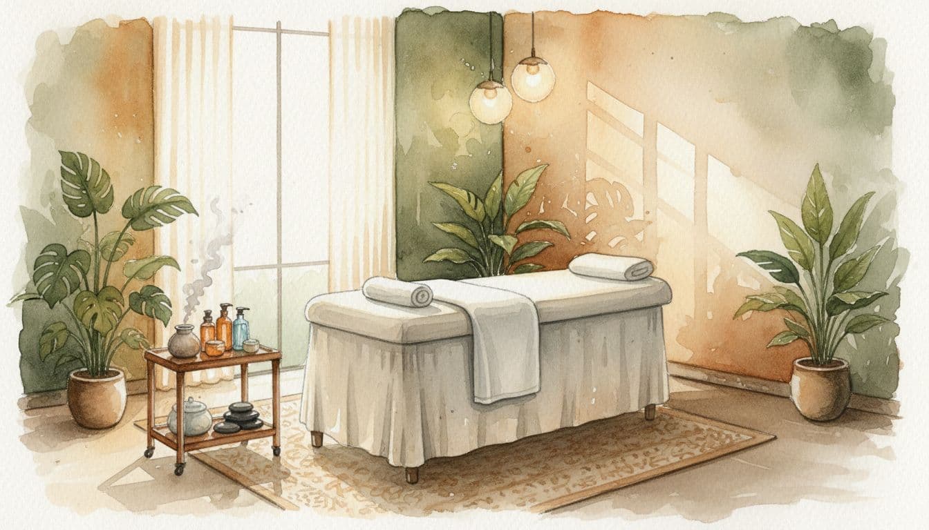 Serene empty massage therapy room in a Kilimani spa with soft lighting, massage table, fresh towels, essential oils, and plants, in watercolor style with warm earthy tones and landscape composition.