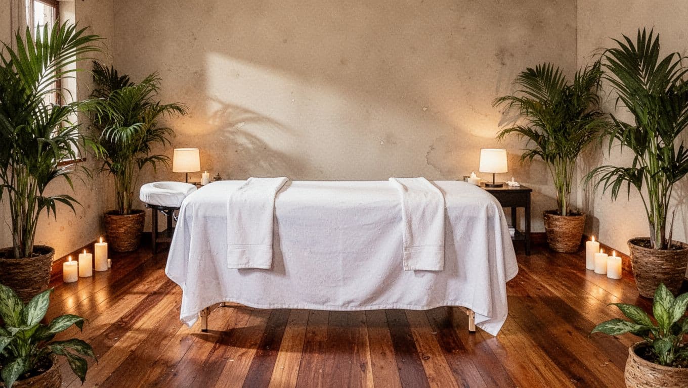 A serene massage therapy room in a Nairobi Kilimani spa with polished wooden floors, an empty table draped in white sheets, soft candle and lamp lighting, tropical plants, in watercolor style with soft blending.