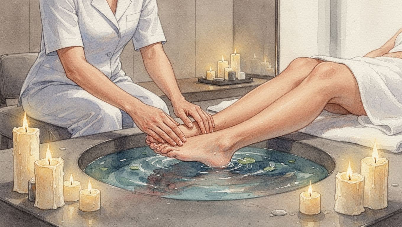 Cozy foot massage setup in a modern spa, with a therapist massaging the feet of a relaxed client, candles and basin nearby, rendered in watercolor style with soft blending, visible brush texture, and warm palette.