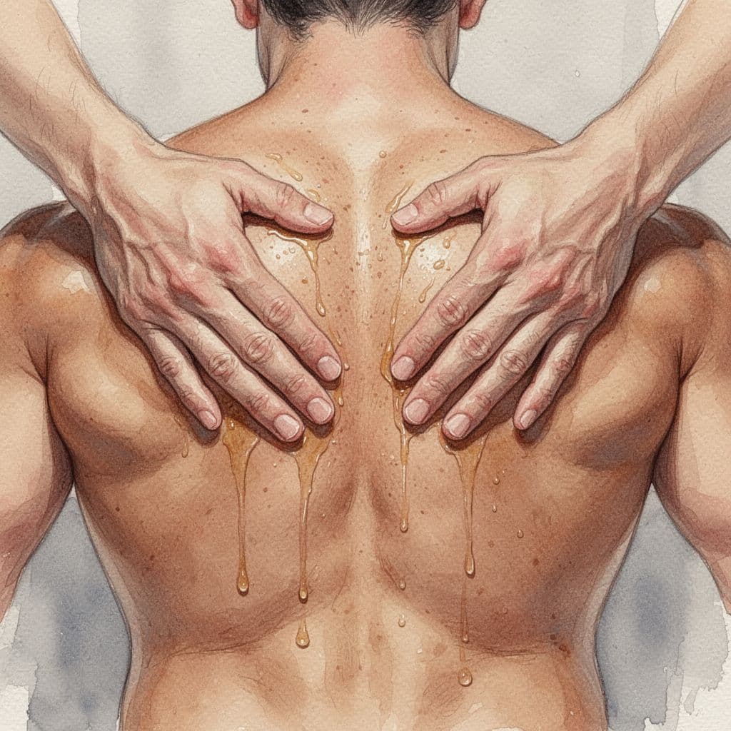 Close-up of therapist hands applying deep pressure to a muscular back with oil, in watercolor style emphasizing skin texture and brush strokes.