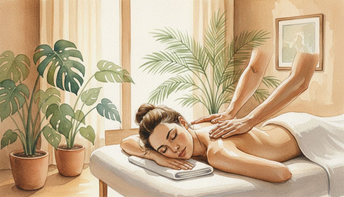Massage therapist applying deep tissue technique to client's shoulders in a cozy room with Nairobi tropical plants and warm lighting, client relaxed face down, in watercolor style with soft blending and brush texture.