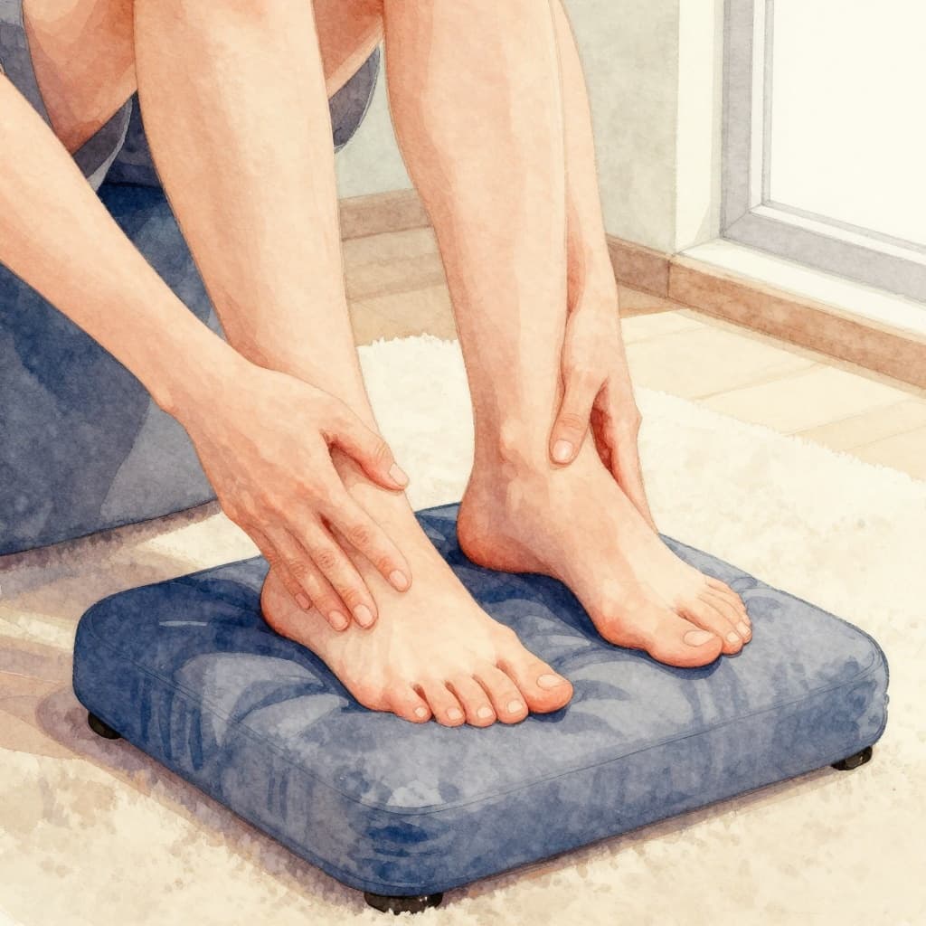Watercolor style image of a person seated and relaxing during a foot massage, with feet on a cushioned stool and hands applying pressure in a simple home setting with soft lighting.