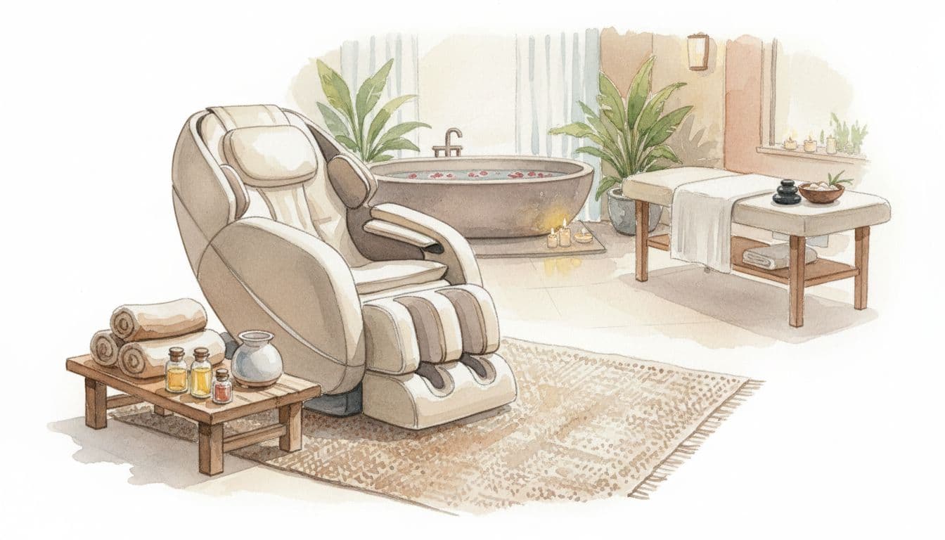 Watercolor painting of massage chair in cozy home foreground with towels and oils, spa scene in background.