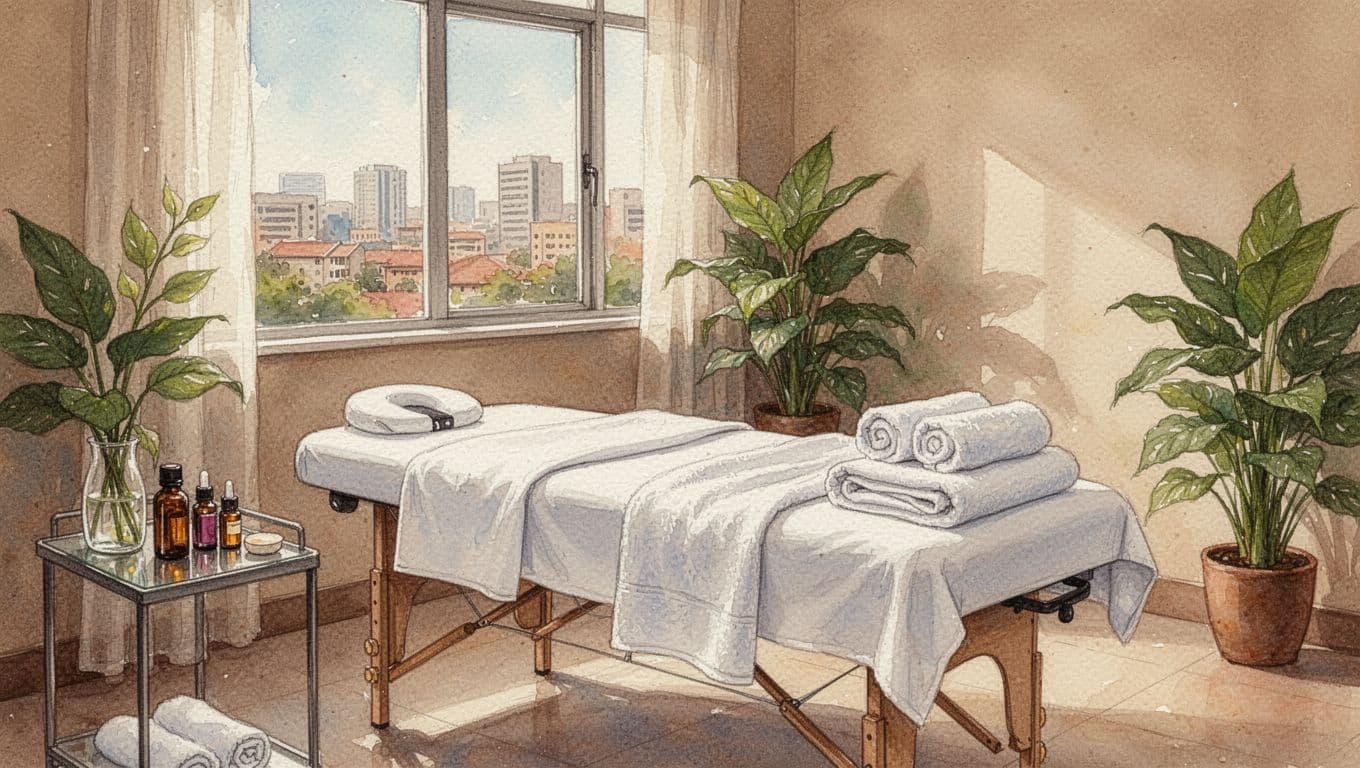 Serene spa treatment room in Nairobi Kilimani with massage table, fresh towels, essential oils, natural light, and plants, in watercolor style with warm earth tones.