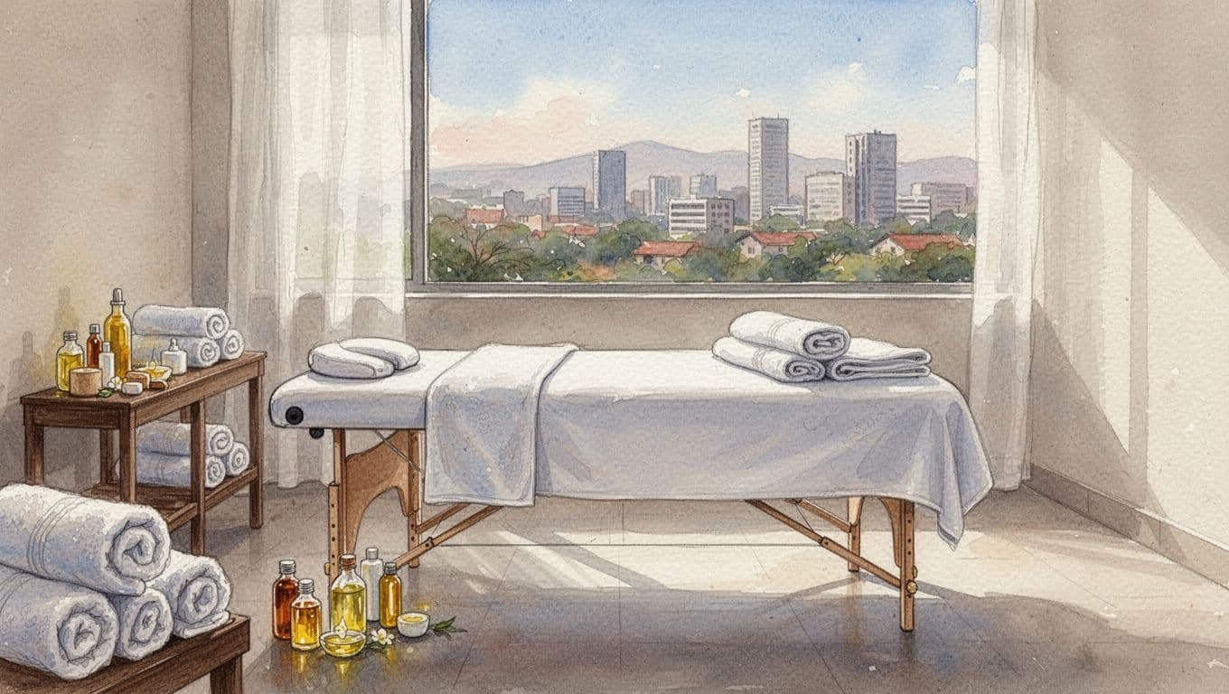 Serene spa interior in Kilimani, Nairobi, with a prepared massage table, neatly arranged towels and oils, soft natural light through a window hinting at the city skyline, in watercolor style with soft blending and brush texture.