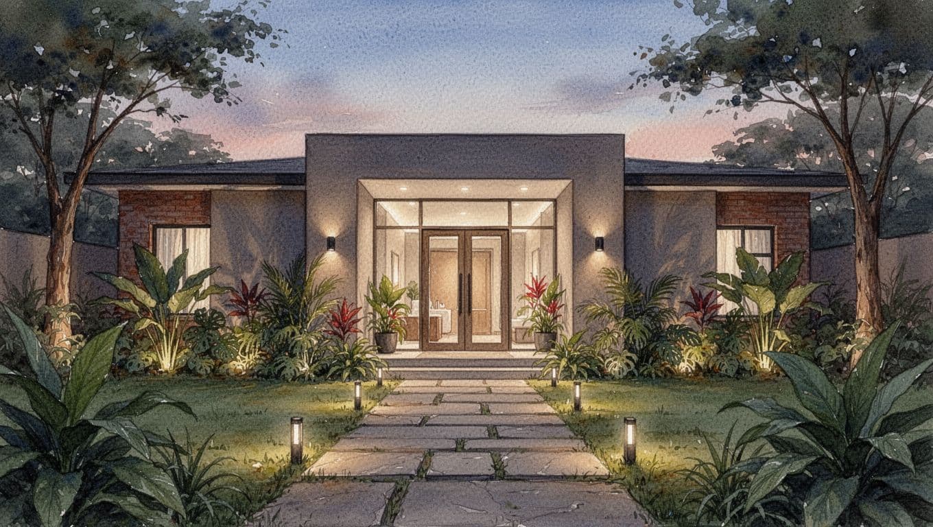 Peaceful watercolor-style outdoor view of a modern spa building in Kilimani, Nairobi neighborhood at dusk, featuring soft entrance lights, plants, and an inviting pathway to the door, with no people, signs, or text.
