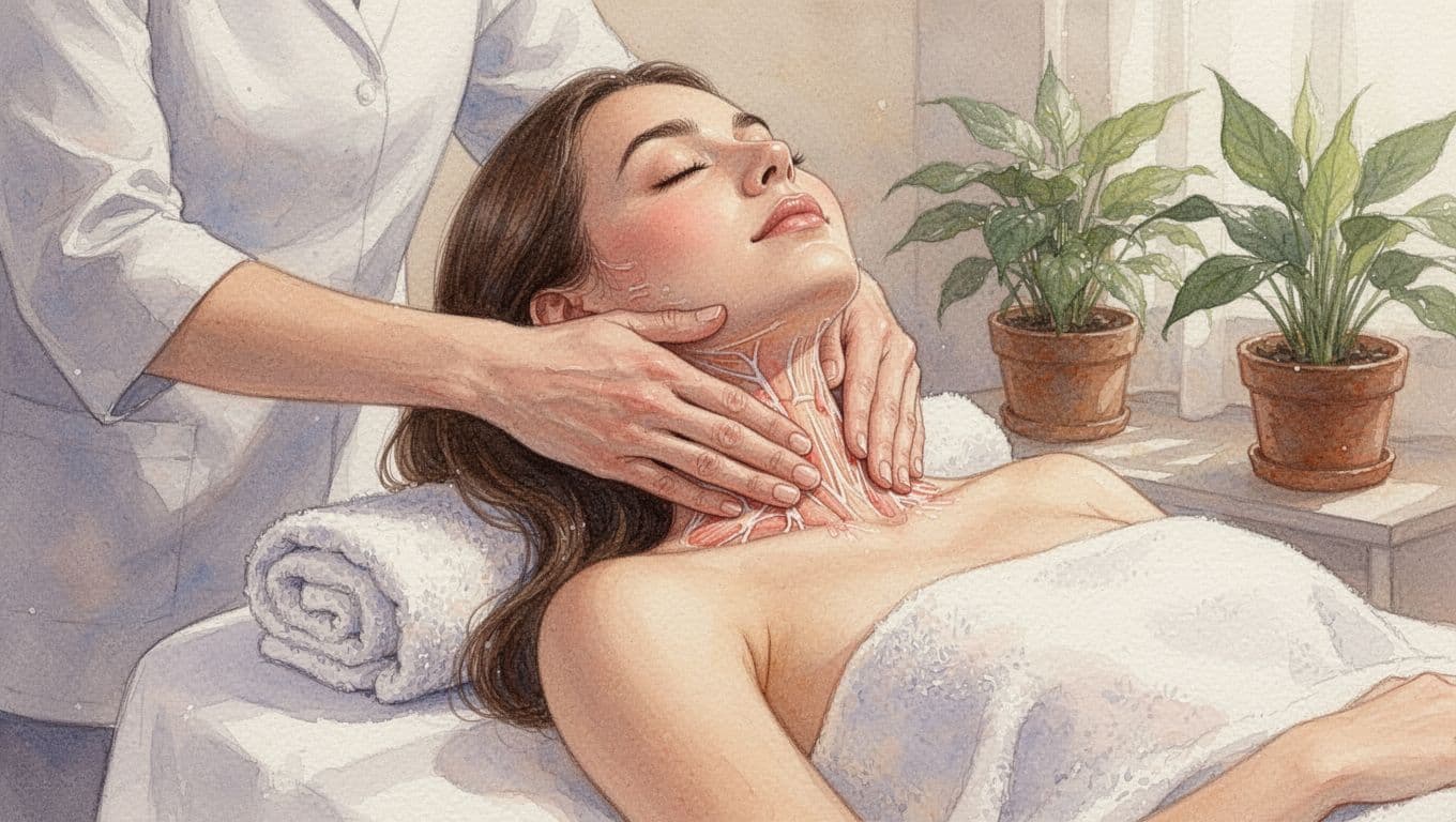 Therapist's hands apply gentle lymphatic massage to relaxed female client's neck and shoulders in serene spa.