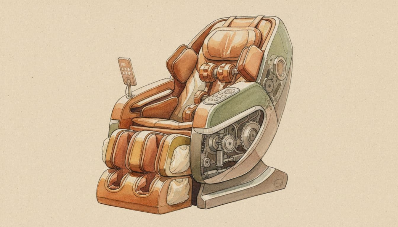 Watercolor view of massage chair showing rollers, airbags, foot massager, and controls on neutral background.