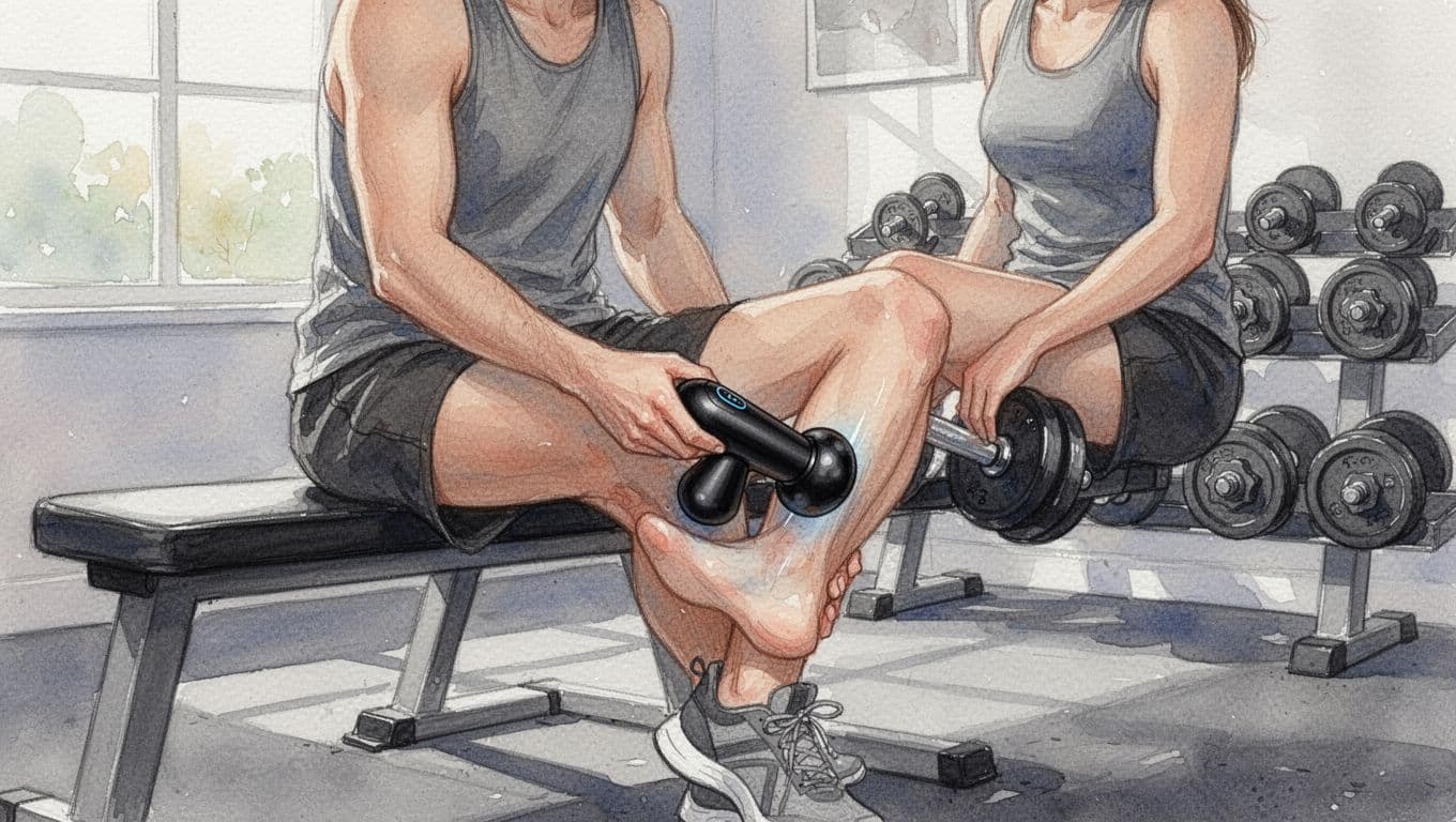 A relaxed person sits on a gym bench in a home gym, using a black massage gun on their calf muscle for recovery, with weights in the background. Watercolor style features soft blending, visible brush texture, and natural window lighting.