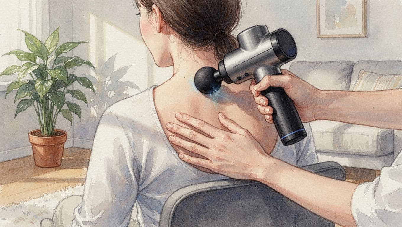 Close-up watercolor illustration of hands gently applying a massage gun to a person's upper back in a cozy home setting with soft afternoon light. Demonstrates safe and relaxed technique with one person seated comfortably.