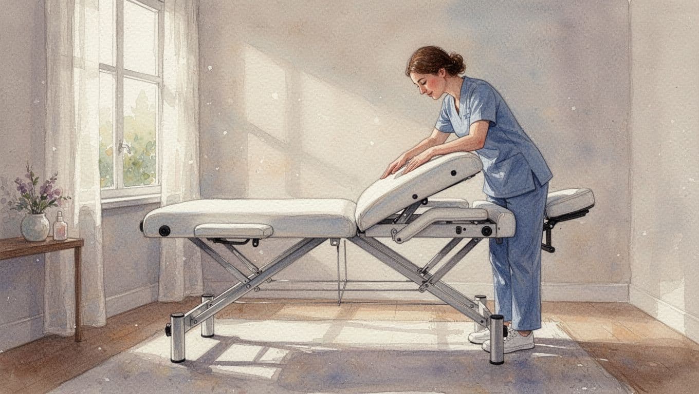 Side view of massage therapist adjusting professional table height in spa room, legs extending.