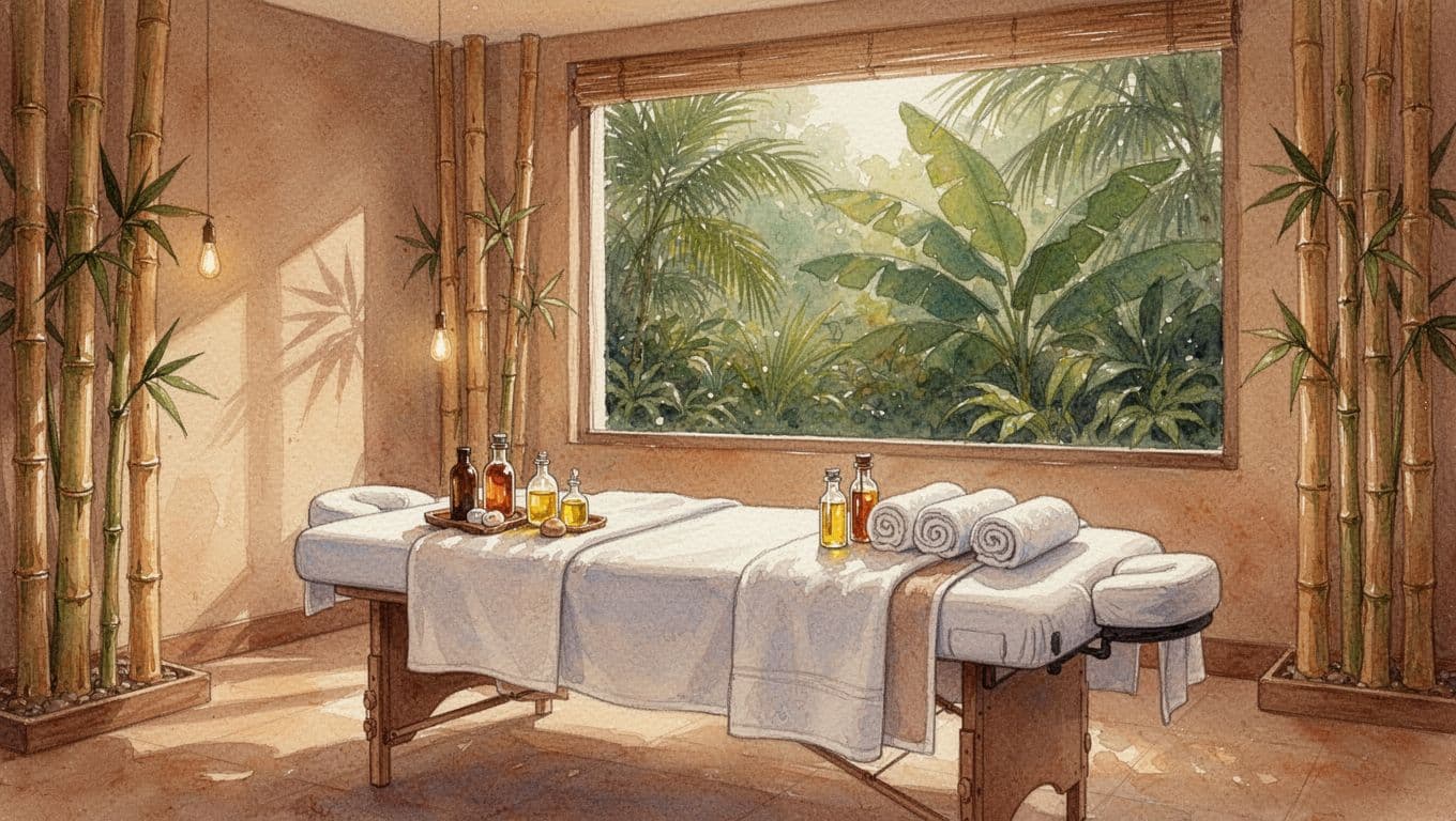 Empty massage room in Nairobi spa with bamboo elements, prepared table, oils, towels, and tropical plants through window.