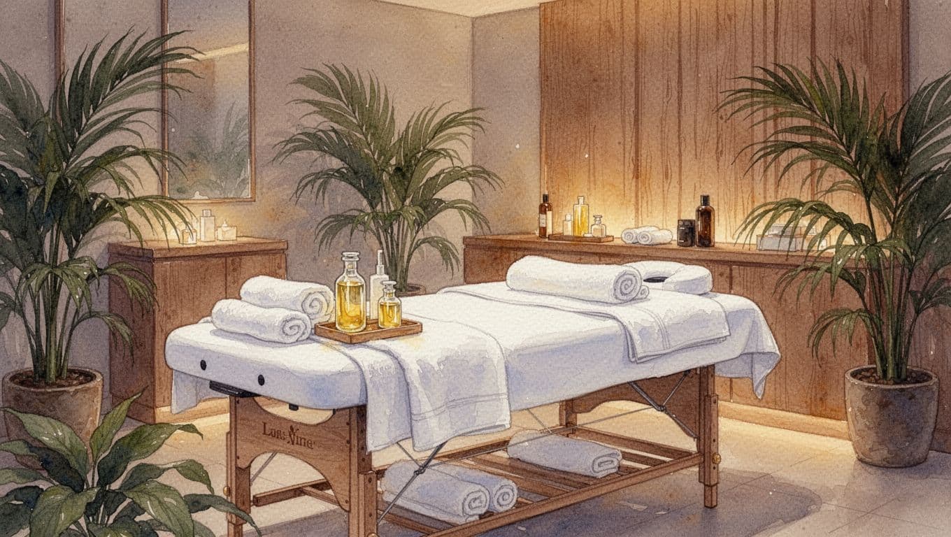 Serene interior of a massage spa room in Nairobi Kilimani, featuring a massage table with white towels and oils, dim warm lighting, tropical plants, and wooden accents in a calm watercolor style.
