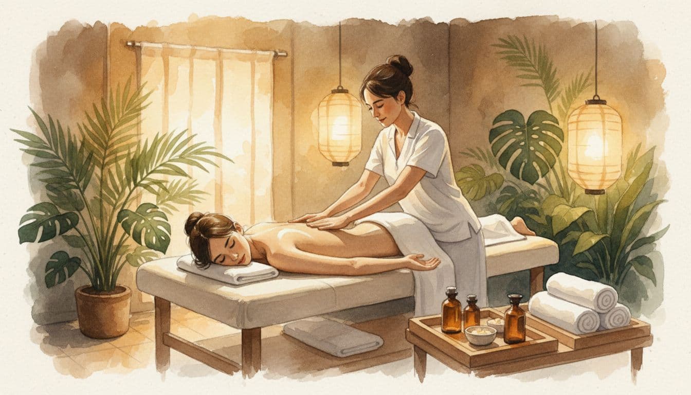 Therapist giving gentle Swedish massage to relaxed client face down on table in serene Nairobi Kilimani spa interior, watercolor style with warm earthy tones, essential oils, towels, and tropical plants.