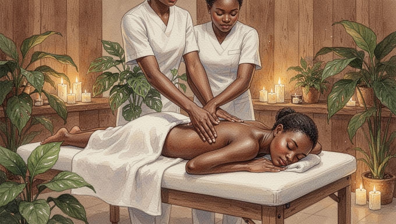Serene spa interior in Nairobi with a massage therapist performing a gentle Swedish massage on a draped client on a padded table, featuring warm candlelight, plants, and wooden elements in watercolor style.