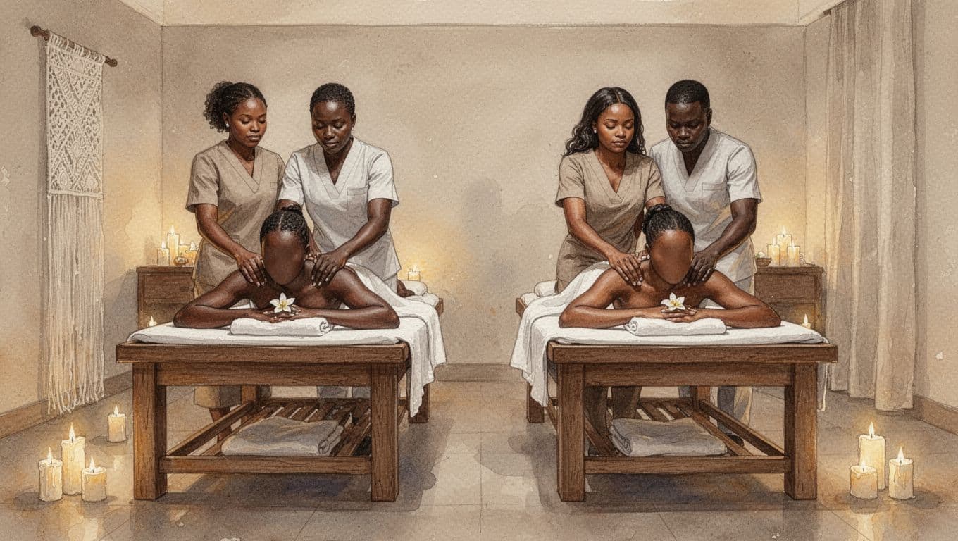 A couple receives a relaxing side-by-side massage in a peaceful Nairobi spa, with therapists' hands on their shoulders amid soft candlelight, rendered in watercolor style with blending brush textures.