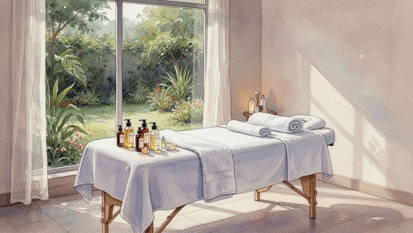 Watercolor-style empty spa room with prepared massage table, oils, towels, and window to green garden.