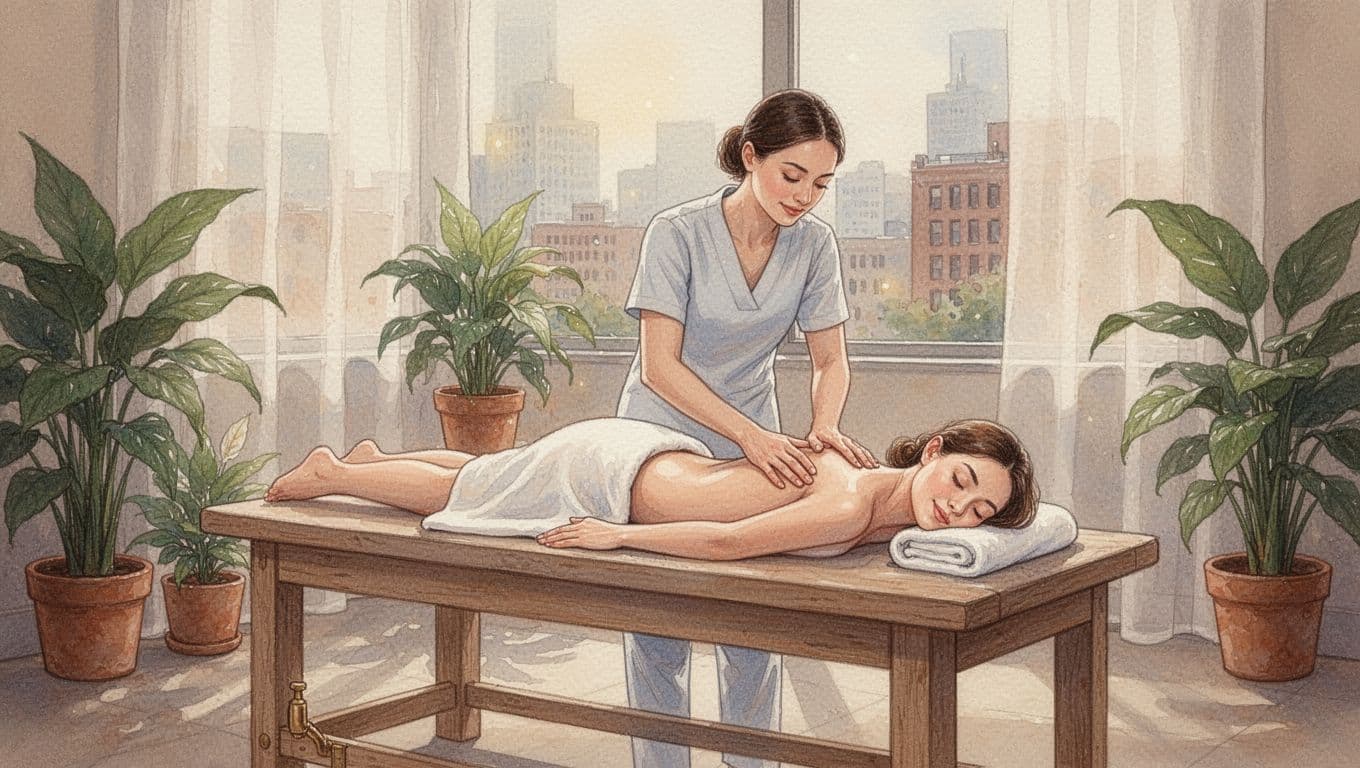 A professional massage therapist provides a relaxing Swedish massage to a client on a spa table in a serene Nairobi room with soft lighting and plants, rendered in watercolor style with soft blending and brush textures.