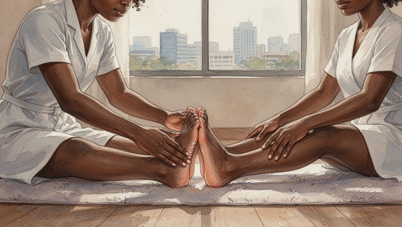 Therapist compresses client's foot in Thai massage on mat in cozy Nairobi spa with skyline window view.