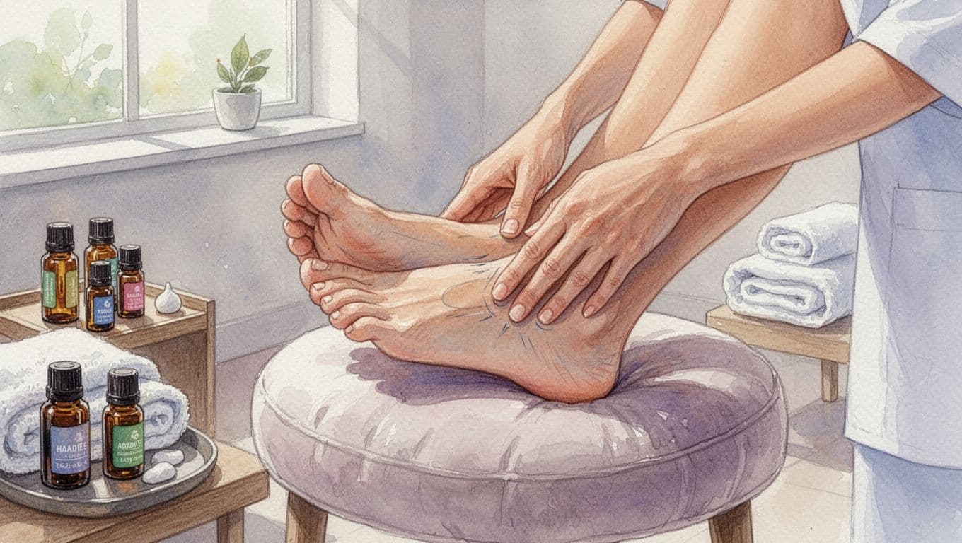Hands apply pressure to arches and toes of feet on stool in spa room with oils, towels, and window light, watercolor style.