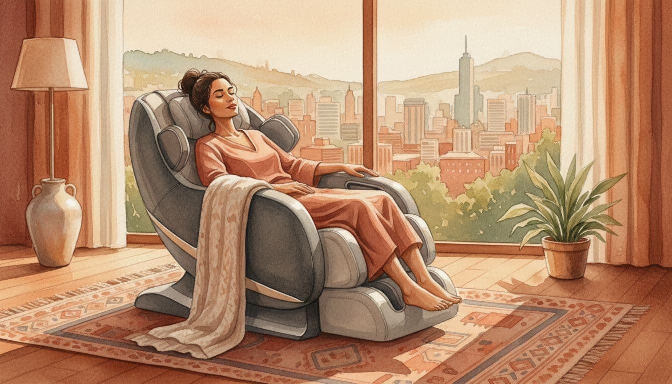 Person reclines relaxed eyes closed in modern massage chair in cozy living room with Nairobi skyline through window, watercolor style.