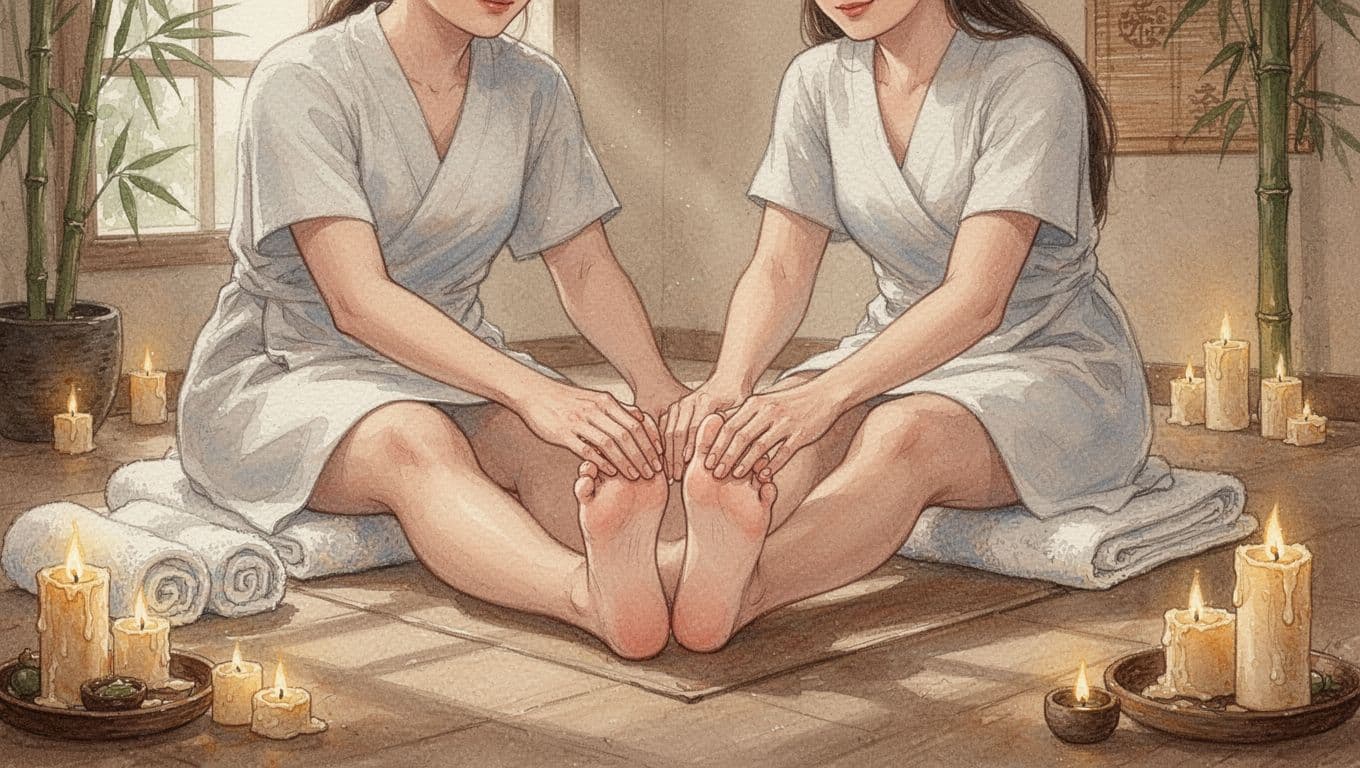 Client seated with eyes closed receives foot massage from therapist in tranquil Asian spa with towels and candles.