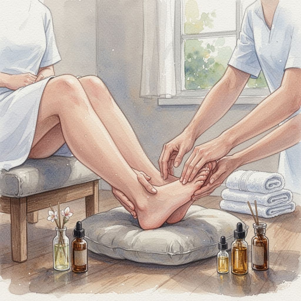 Person's feet on cushioned stool receiving gentle massage from therapist's hands on soles and arches, in cozy home-like spa corner with towels and oils, soft natural light, watercolor style with blending and brush texture, lower body only.