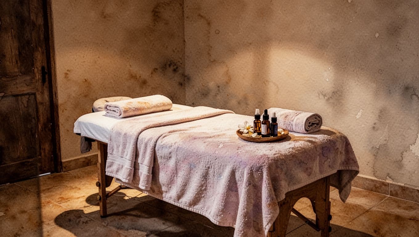 A serene massage therapy room in a Nairobi spa in Kilimani, with soft towels on a single massage table, dim warm lighting, and essential oils nearby, in watercolor style with soft blending and visible brush texture.