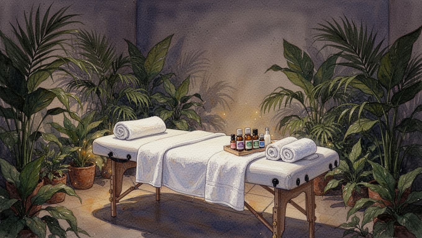 Serene spa interior in Nairobi with a massage table prepared for a session, soft towels, essential oils, dim ambient lighting, tropical plants, in watercolor style with soft blending and visible brush texture, calm inviting atmosphere.
