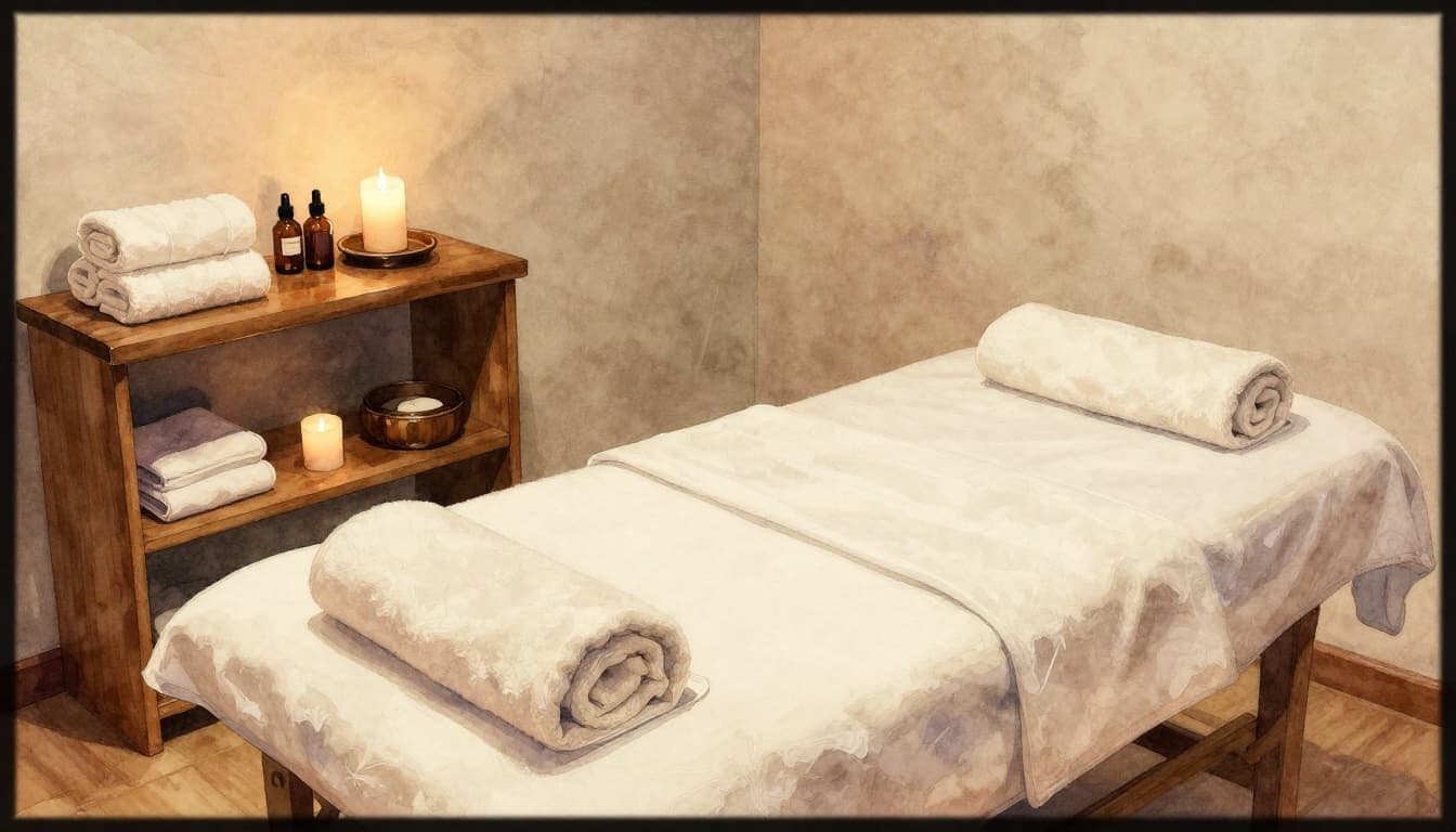 A serene spa room in Nairobi featuring one empty massage table, soft towels, candles, and essential oils on wooden shelves, illustrated in watercolor style with soft blending, visible brush texture, and warm ambient lighting in a close-up composition.