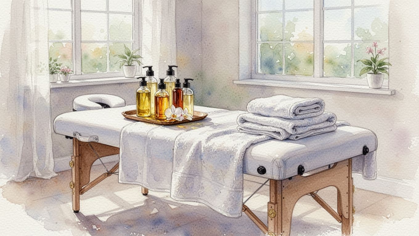 Massage table stocked with oils and towels in serene spa room with soft natural light.