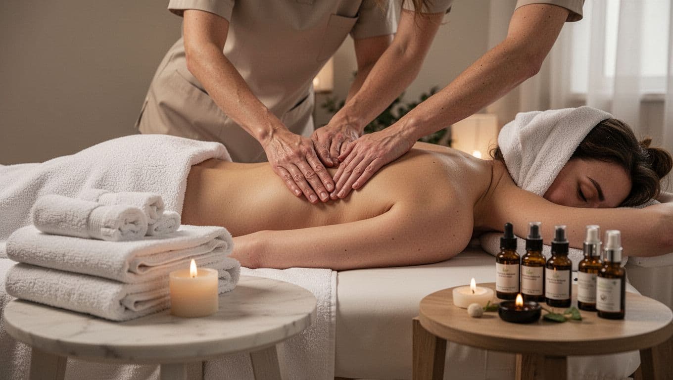 Massage therapist's hands apply pressure to client's back on table in spa room with towels and oils.