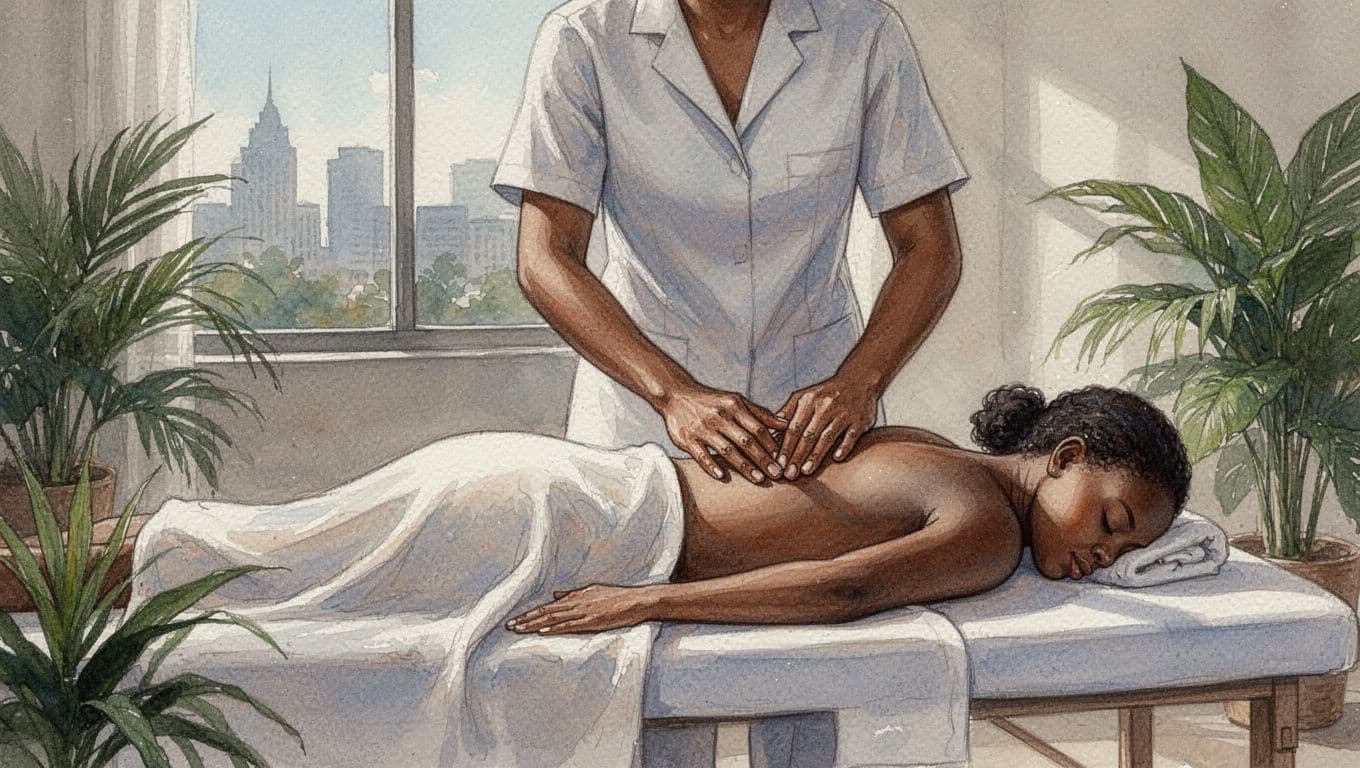 A therapist kneads the shoulders of a draped client on a massage table during a serene Swedish massage in a Nairobi spa room, with soft natural light through a window hinting at city views and tropical plants nearby, rendered in watercolor style with soft blending.