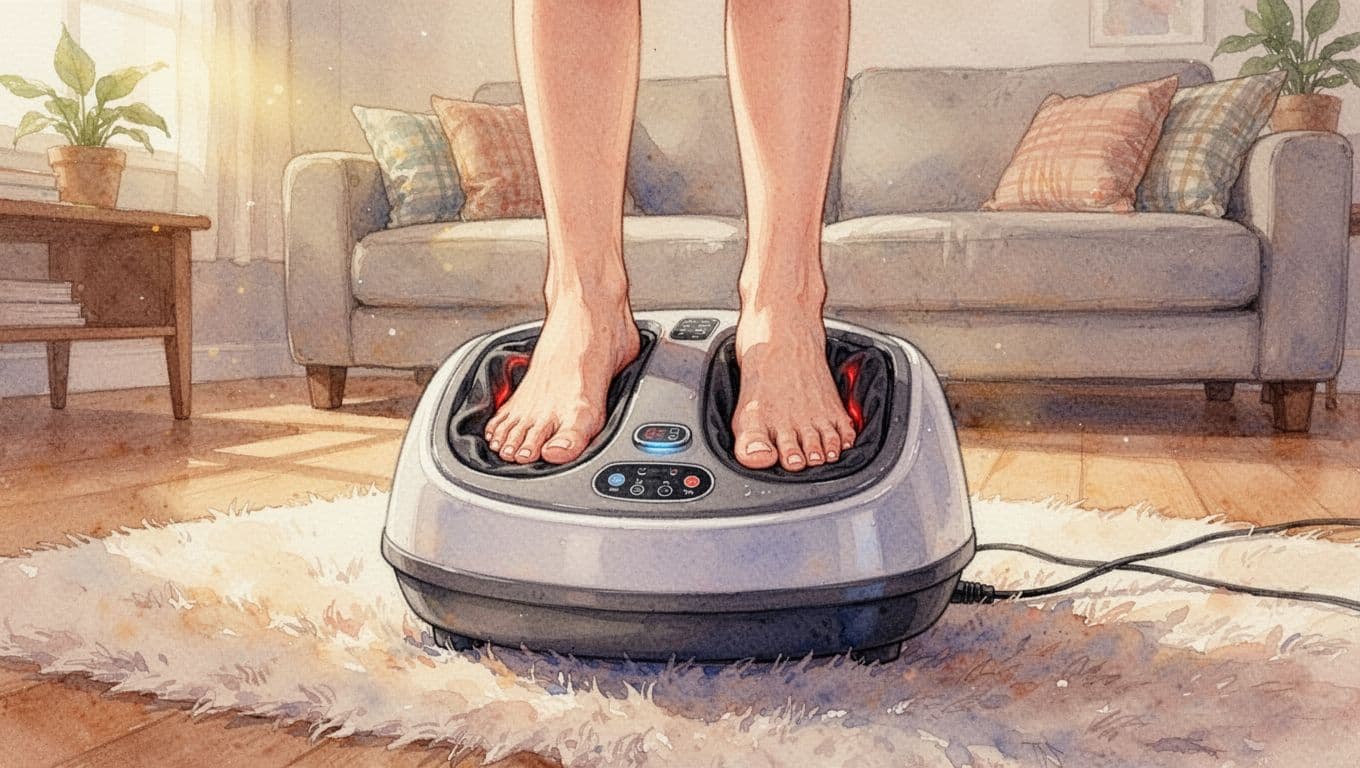 Two feet in a shiatsu foot massager on a soft rug in cozy home with warm lighting, watercolor style.