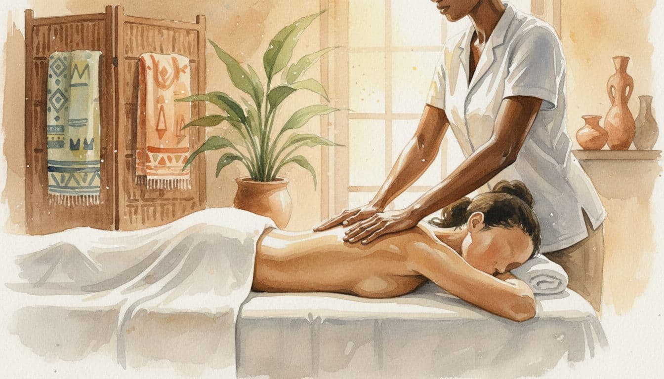 A therapist performs Swedish massage on a client's back in a relaxed Nairobi spa setting with subtle African decor, rendered in watercolor style with soft blending and warm palette.