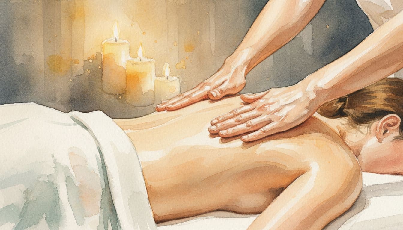 A massage therapist applies long gliding effleurage strokes on a draped client's back in a serene spa setting with dim lighting and candles, captured in a close-up watercolor style with soft blending.