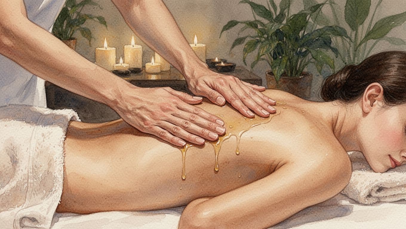 Close-up of therapist's hands performing flowing Swedish massage strokes on a back with glistening essential oils and draped towel, set against a serene blurred spa background in watercolor style with warm earth tones.