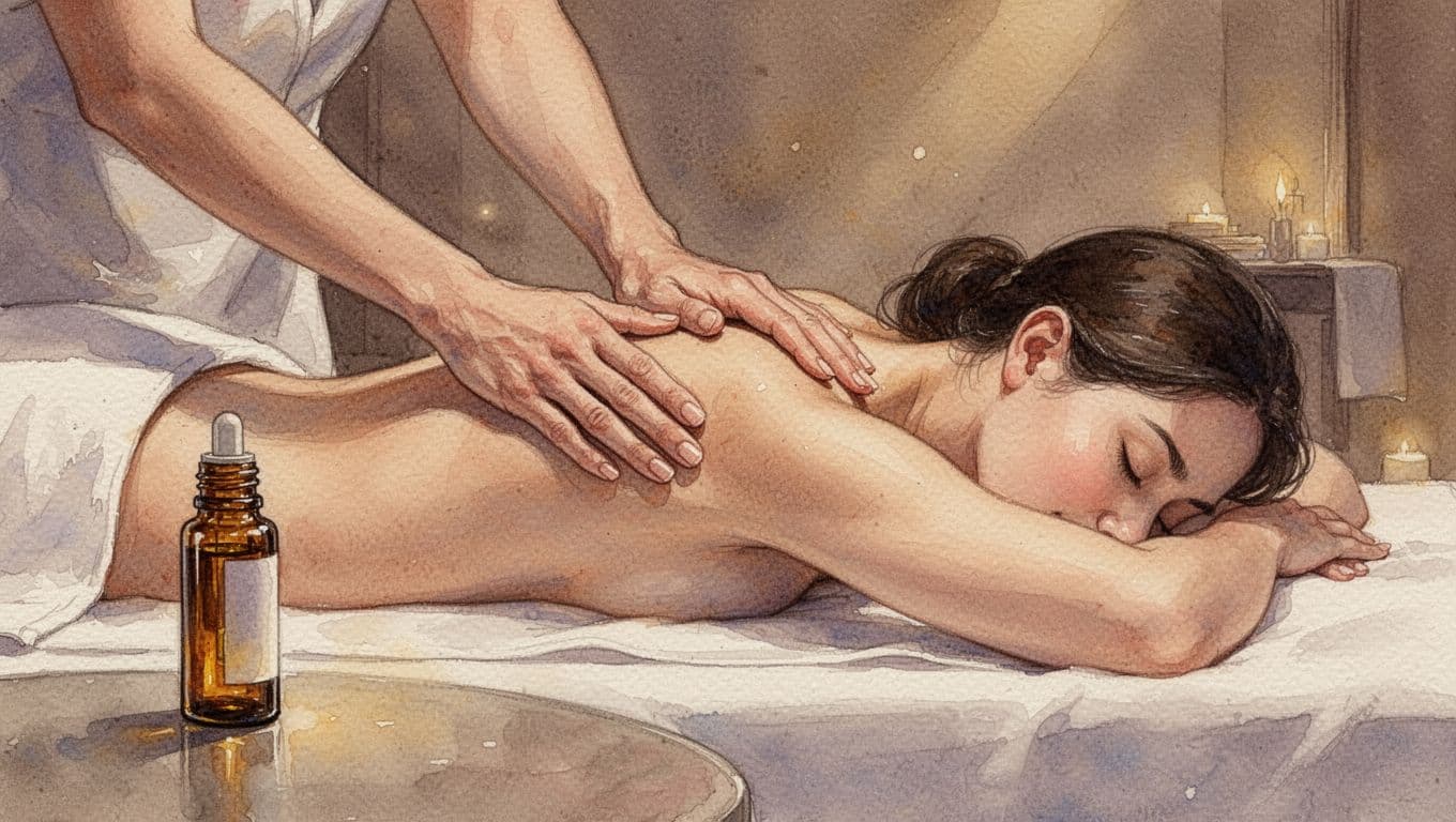 Two hands perform Swedish massage on a face-down back in dim-lit spa with essential oils nearby, watercolor style.
