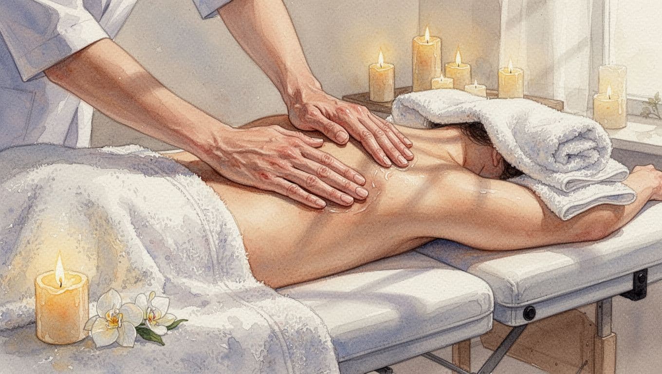 Hands perform Swedish massage on towel-covered back atop ergonomic spa table with candles.