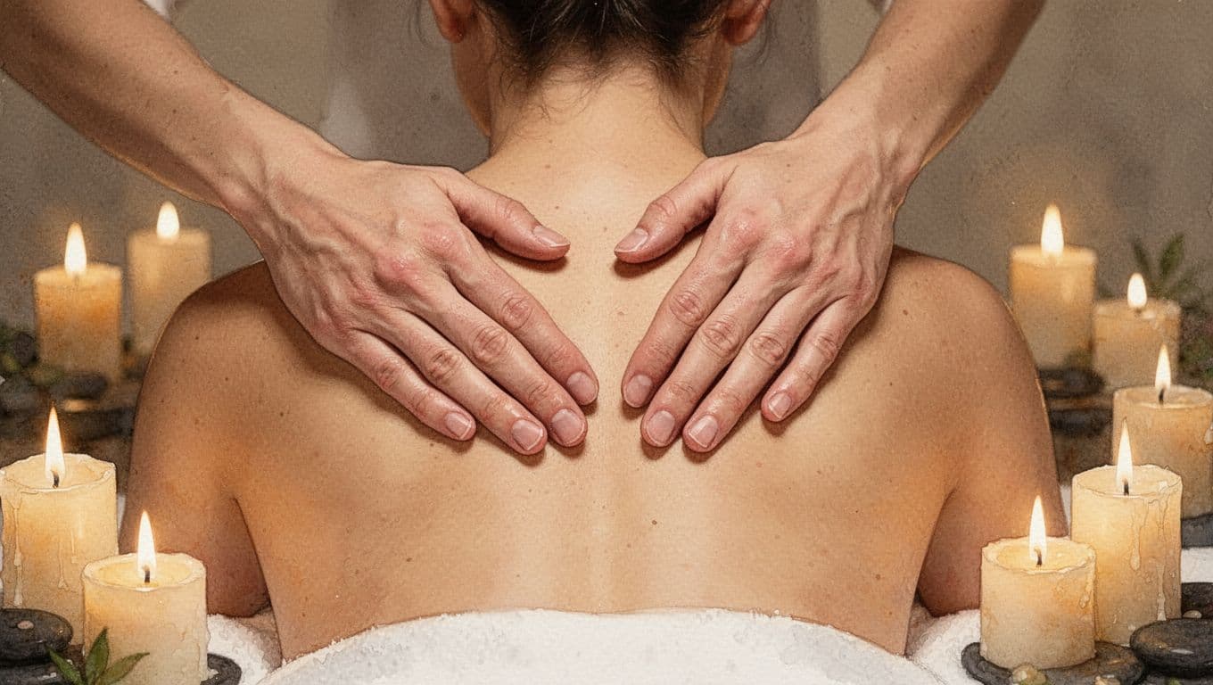 Hands performing gentle Swedish massage strokes on a relaxed back in a spa setting with candles, watercolor style with soft blending and visible brush texture.