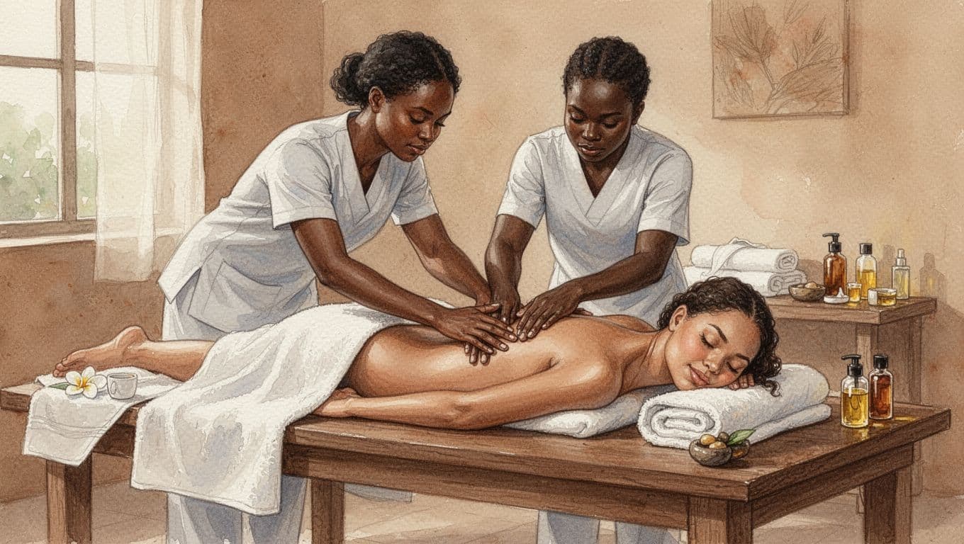 A serene massage spa room in Nairobi with a professional therapist giving a Swedish massage to a client on a table, soft lighting, towels and oils nearby, in watercolor style with warm earth tones.