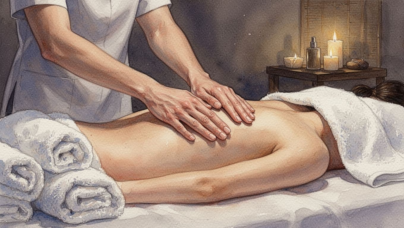 Therapist hands apply gentle strokes to client's upper back in cozy spa with dim lighting and towels, in watercolor style.