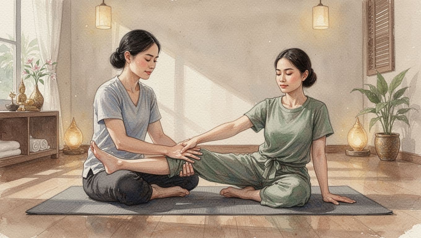 Therapist performs assisted leg stretch with acupressure on client on floor mat in spa room.