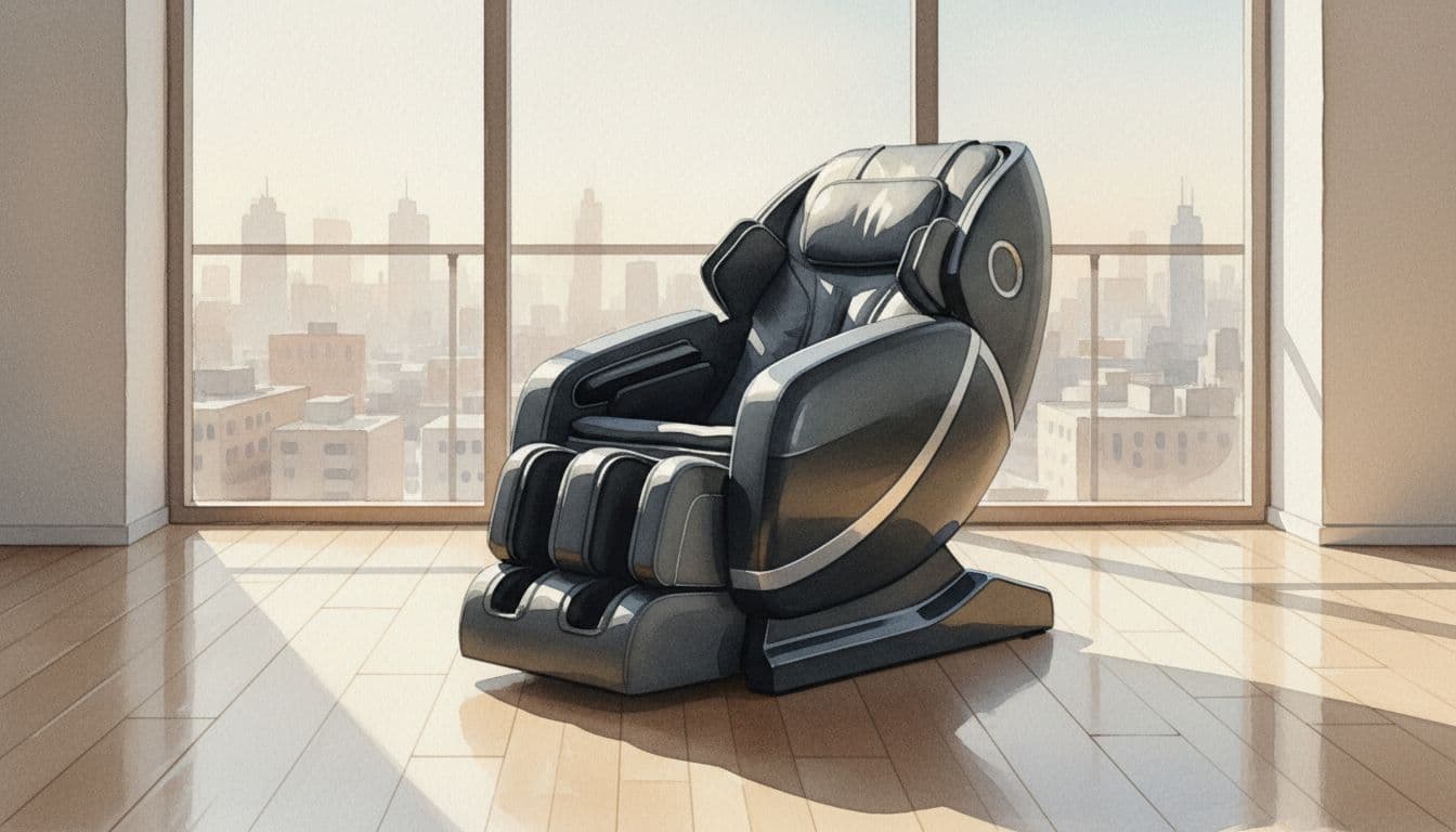 Empty black leather massage chair with visible back rollers in modern living room, wooden floors, large window with city skyline, watercolor style.