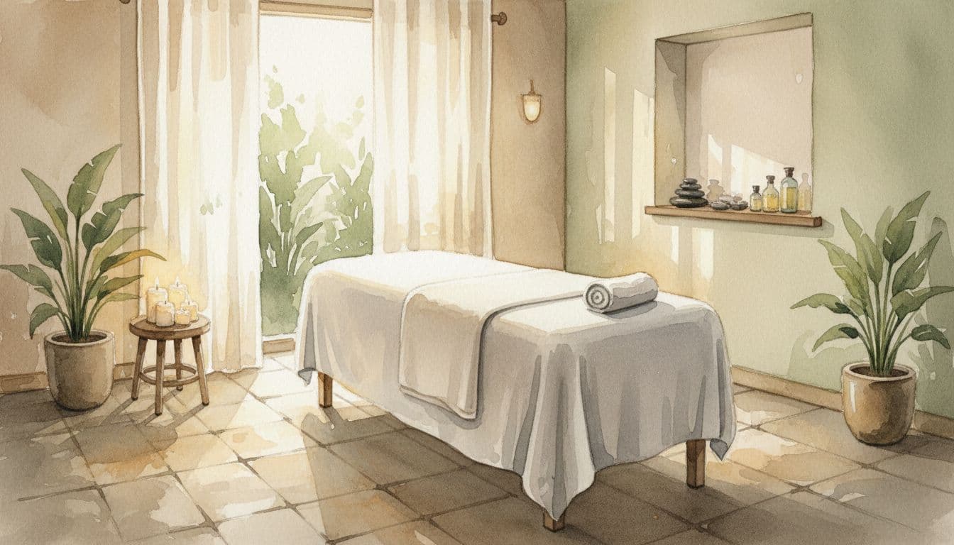 A wooden massage table sits centered in a serene room featuring soft, warm ambient lighting. A crisp folded towel rests on the surface, captured with delicate watercolor brush strokes and blending.